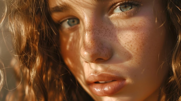 Sunkissed portrait of a young woman with striking green eyes and freckles