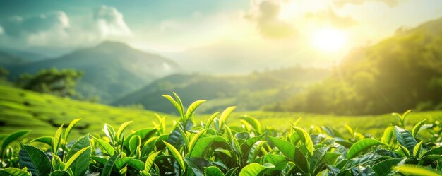 Sunkissed Tea Plantation at Dawn with Lush Greenery