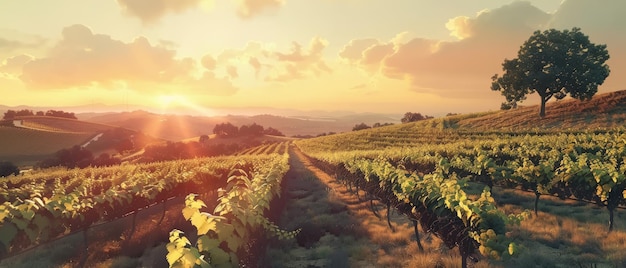 Sunlight bathes an expansive vineyard highlighting the lush rows of grapevines that stretch toward rolling hills and a distant horizon under a partly cloudy sky