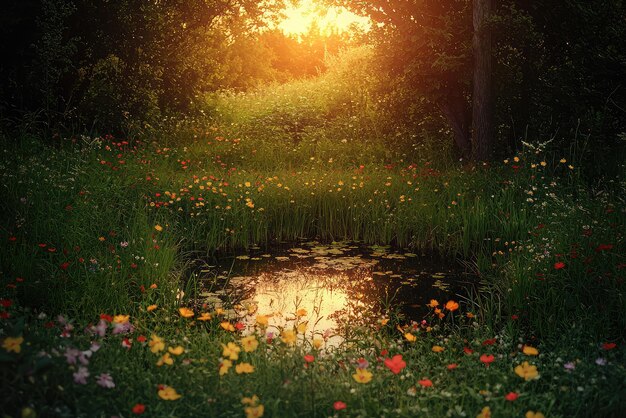 Sunlight Bathes a Secret Clearing Where a Tiny Pond Beckons Amidst a Sea of Wildflowers