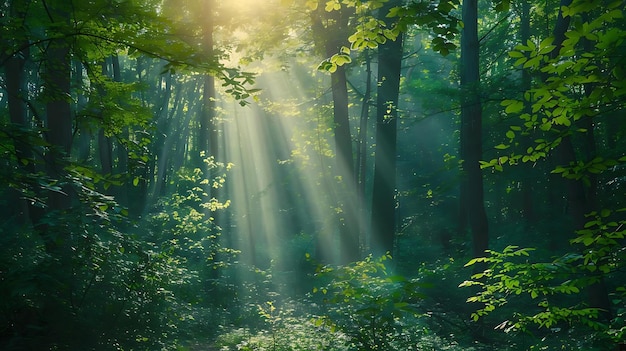 Sunlight Beams Through a Dense Green Forest Illustration