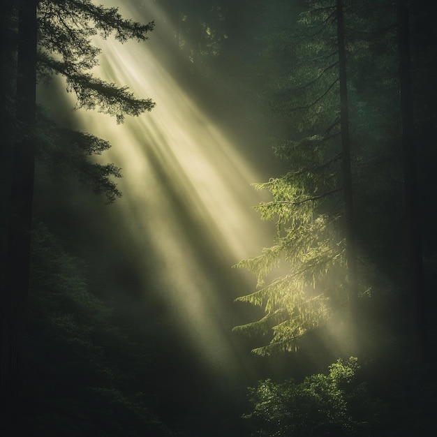 Photo sunlight beams through the trees in a misty forest