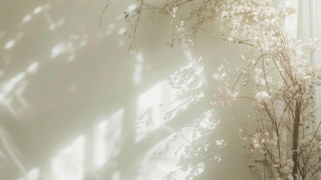 Photo sunlight casting abstract patterns on a white wall through dried