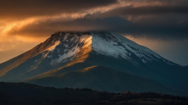 Sunlight casting golden hues on a mountain peak at sunset