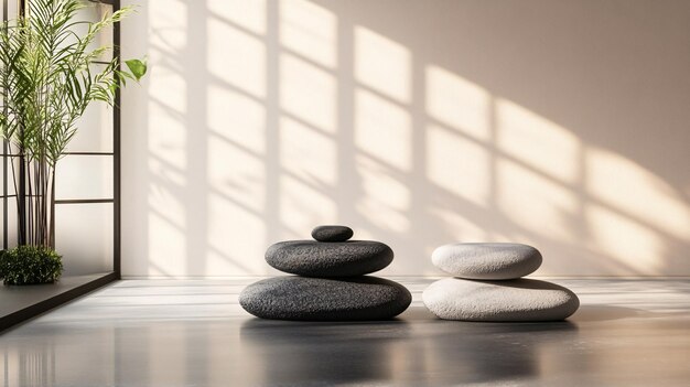 Sunlight casting shadows of window on wall in modern minimalist room with stone cairn