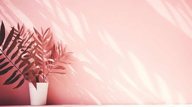 Sunlight casts shadow and light on a white wall with pink background Tropical leaves create a shaded effect