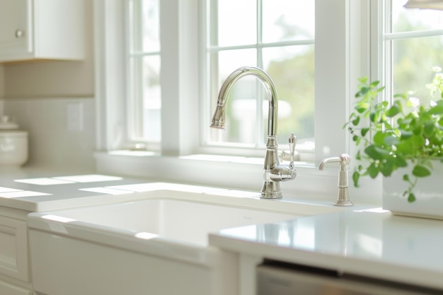 Sunlight dances on a pristine kitchen sink inviting cleanliness and order