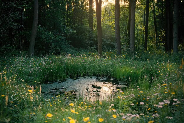 Sunlight Dappling Through Trees Illuminating a Secret Pond Nestled in a Lush Forest Clearing