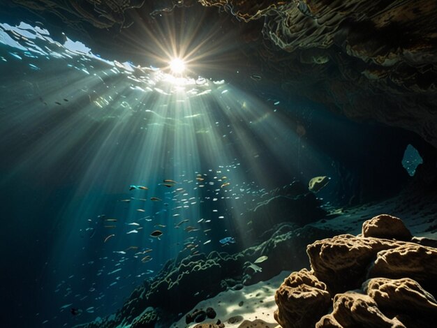 Sunlight descends into the shadows of a blue water mangrove forest in Raja Ampat Indonesia