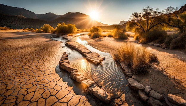 Photo sunlight on a dry riverbed