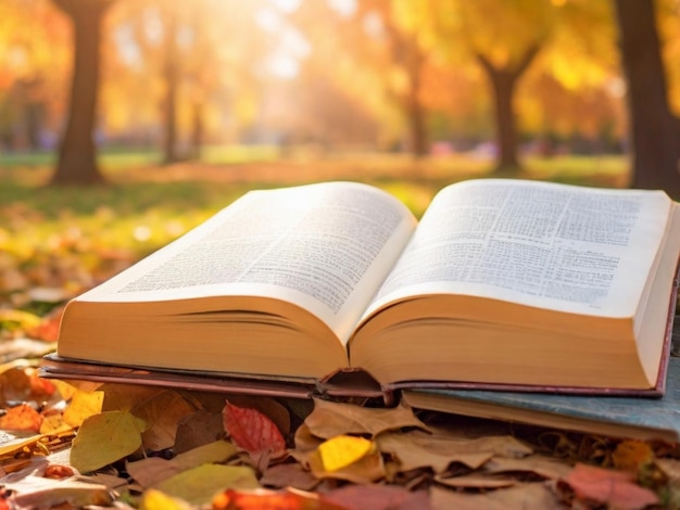 Sunlight falling on an open book in a park on an autumn day and many books beside it