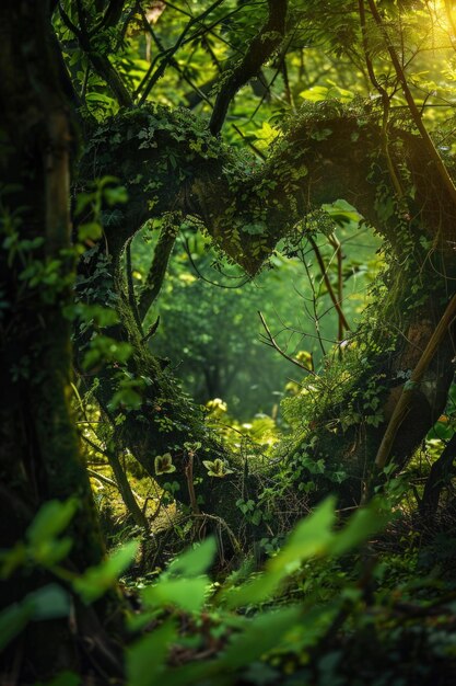 Sunlight filtering through dense forest trees ideal for nature backgrounds