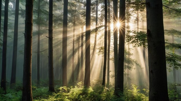 Sunlight filtering through dense trees creates a serene forest atmosphere with soft rays illuminating the misty landscape