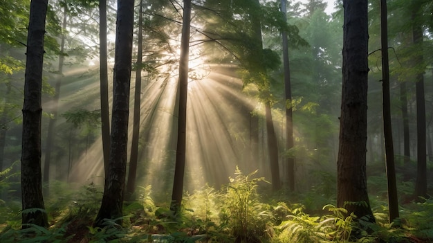 Sunlight filtering through dense trees creates a serene forest atmosphere with soft rays illuminating the misty landscape