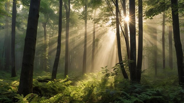 Sunlight filtering through dense trees creates a serene forest atmosphere with soft rays illuminating the misty landscape