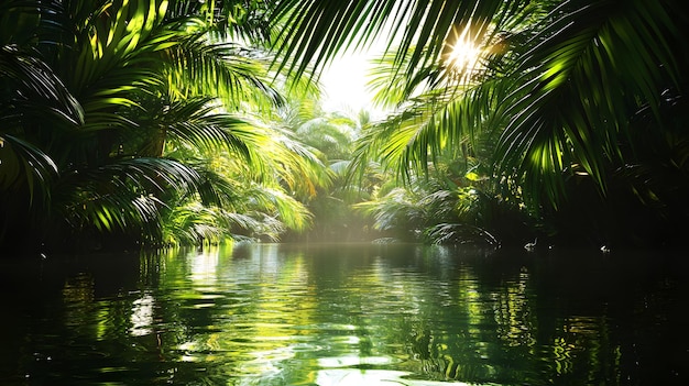 Sunlight Filtering Through Dense Tropical Foliage Above a Calm River