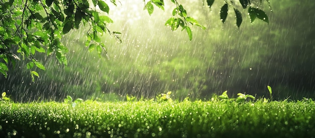 Sunlight Filtering Through Leaves During Rainfall on Lush Green Grass in a Serene Forest