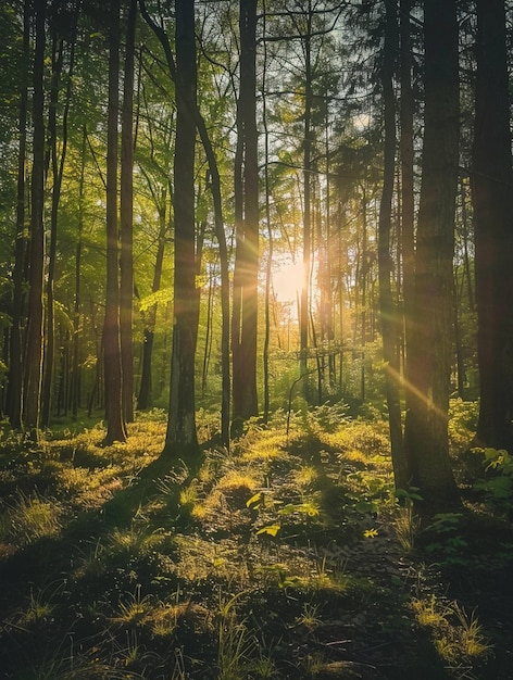 Sunlight Filtering Through Lush Forest Trees Natures Tranquil Beauty