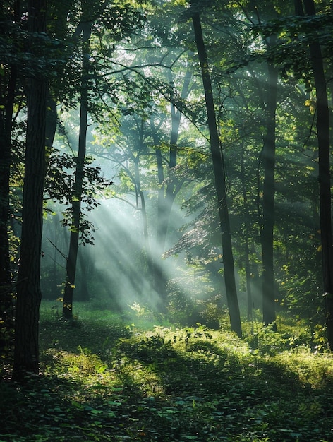 Sunlight Filtering Through Lush Green Forest Trees