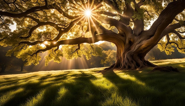 Sunlight filtering through oak tree leaves