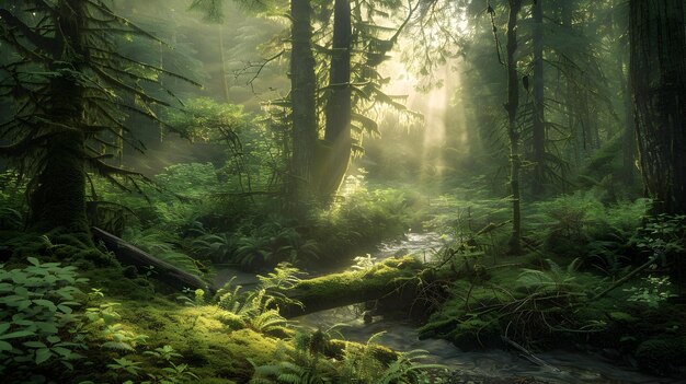 Sunlight Filtering Through a Serene Misty Forest Creating an Ethereal Glow on the Peaceful