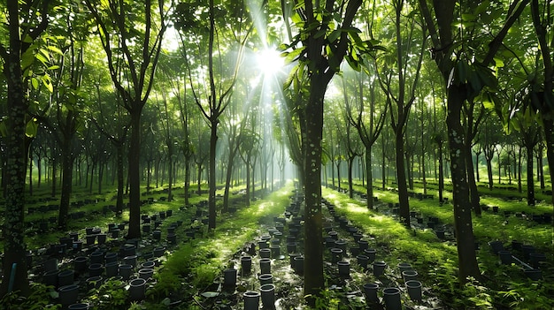 Sunlight Filters Through Canopy of Vibrant Green Rubber Plantation during Latex Harvest