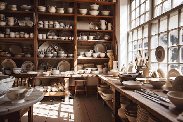 Sunlight filters through large windows illuminating shelves filled with neatly arranged ceramics in a cozy rustic pottery shop with natural wood finishes