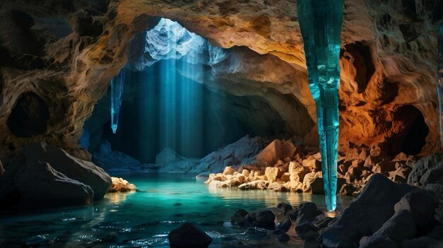 Photo sunlight filters through a mystical cave highlighting a turquoise lake below