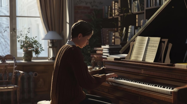 Sunlight filters through a sophisticated study as a person meticulously plays the piano enveloped in an ambiance of tradition and refinement