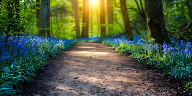 Sunlight filters through trees lighting a dirt path bordered by bluebells Concept Nature Photography Sunlight Trees Bluebells Path