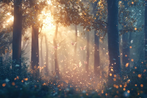 Photo sunlight filters through the trees of a serene forest creating a warm glow amidst the foliage