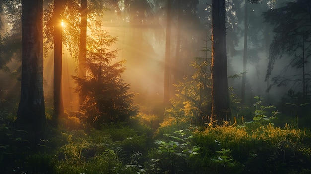 Sunlight filters through trees in a serene misty forest