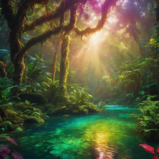 Sunlight filters through trees in a tropical forest