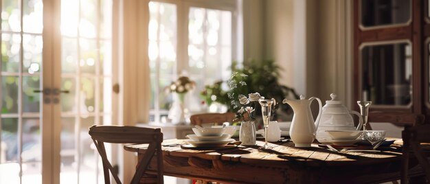 Sunlight floods a charming dining space with a wooden table and chairs offering a view of natures beauty through large clear windows