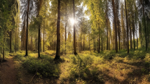 Sunlight in the forest Panoramic view of the forest