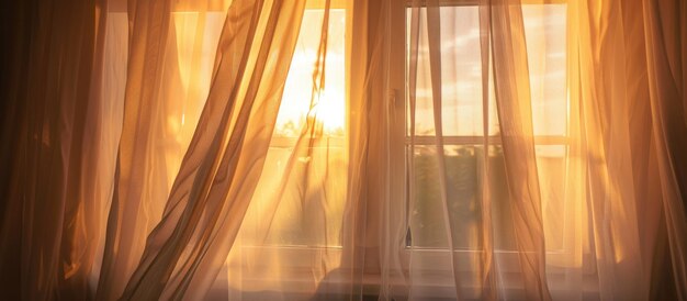 Photo the sunlight from the open window shines brightly through the curtains in the morning