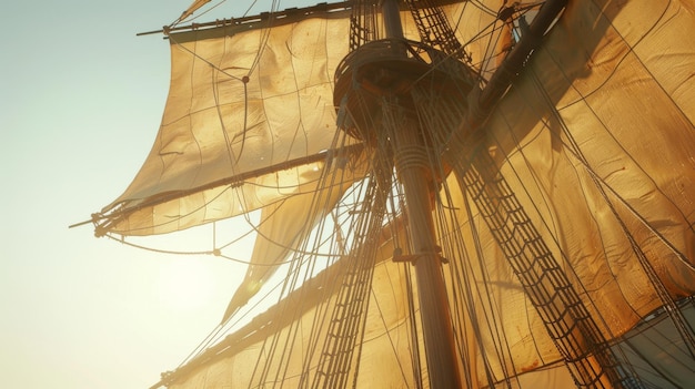 Photo sunlight gently glows through the amber sails of a vintage ship highlighting the intricate rigging against a soft pale sky