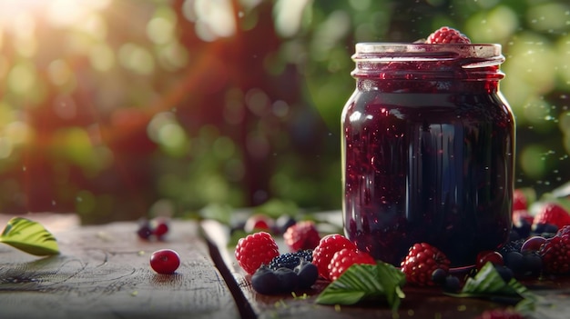 Sunlight glimmers on a jar of homemade berry jam amidst a rustic setting