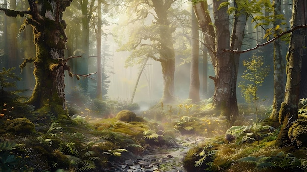 Sunlight Glowing through Misty Forest Canopy Evokes Serenity and Peace