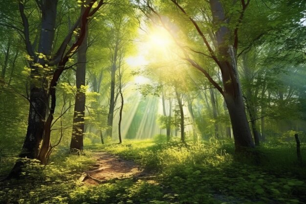 Sunlight in the green forest spring time 3d render