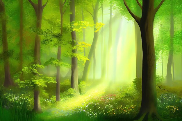 Sunlight in the green forest springtime Generative Ai