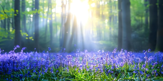 Sunlight illuminates bluebellcovered woodland glade Concept Nature Photography Bluebell Forest Sunlight Filtering Through Trees Woodland Glade