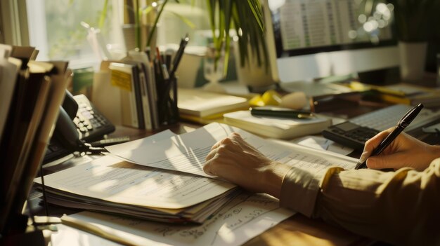 Sunlight illuminates a cluttered desk as a person writes in a notebook surrounded by office supplies and plants