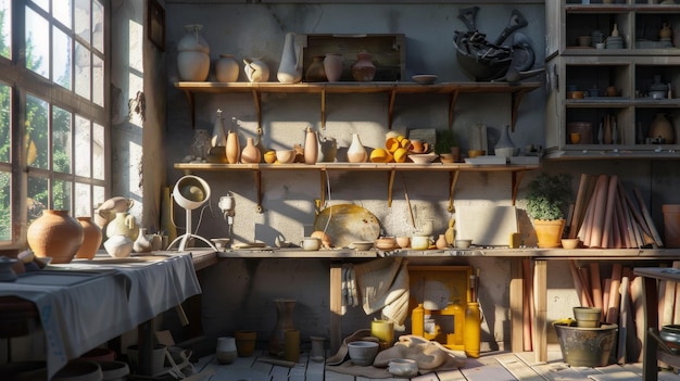 Sunlight illuminates a rustic pottery studio filled with handcrafted pots and artistic tools capturing the essence of creativity and craftsmanship