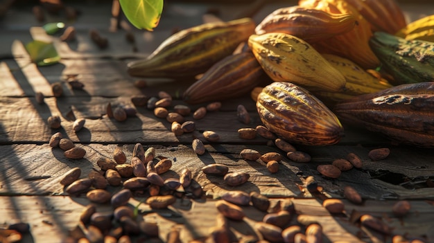 Photo sunlight illuminates scattered cocoa beans on a rustic wooden table surrounded by ripe cocoa pods revealing textures and rich earthy tones