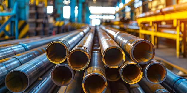 Sunlight illuminates stack of steel pipes in warehouse Concept Industrial Photography Warehouse Photoshoot Steel Pipes Natural Light Industrial Aesthetics