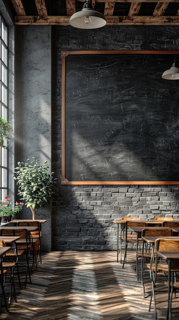 Sunlight illuminating empty classroom with wooden desks and blackboard