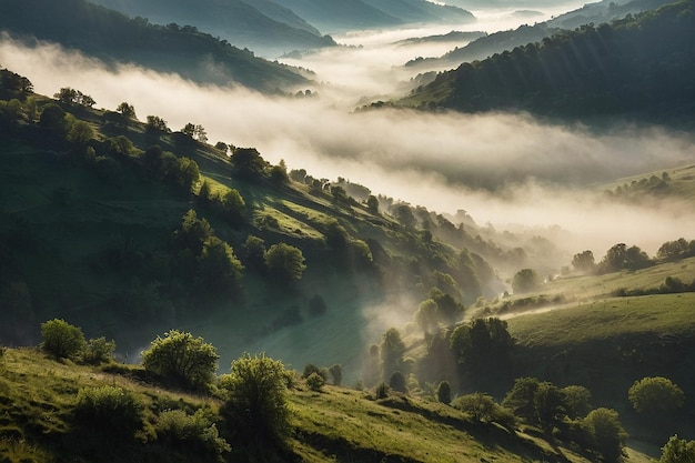 Sunlight illuminating the mist in a narrow valley