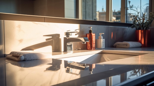 Sunlight on modern bathroom countertop bright natural light interior design