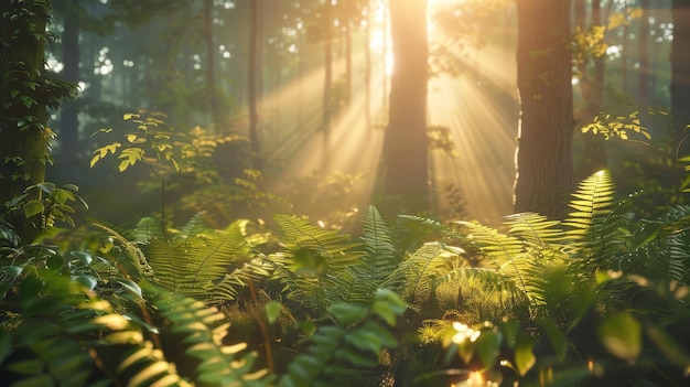 Sunlight Pierces Forest Casting Light on Lush Ferns